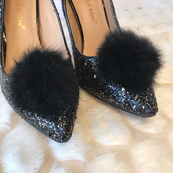 Sparkly black heels with fur Pom-Pom - Picture 6 of 6